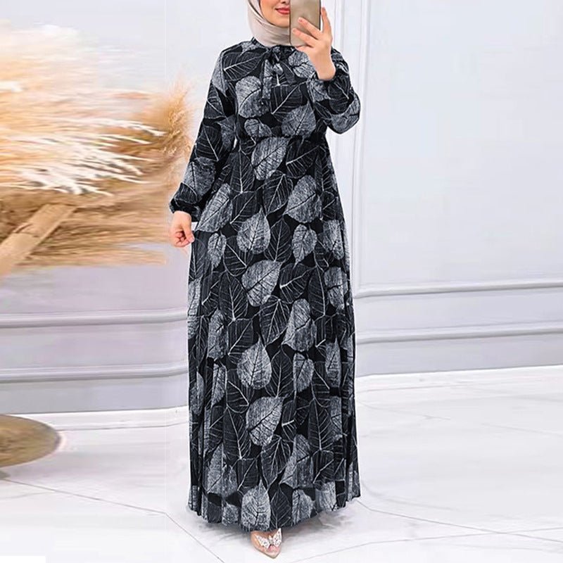 Leaf Print Chiffon Dress with Pleated Skirt (MA405)
