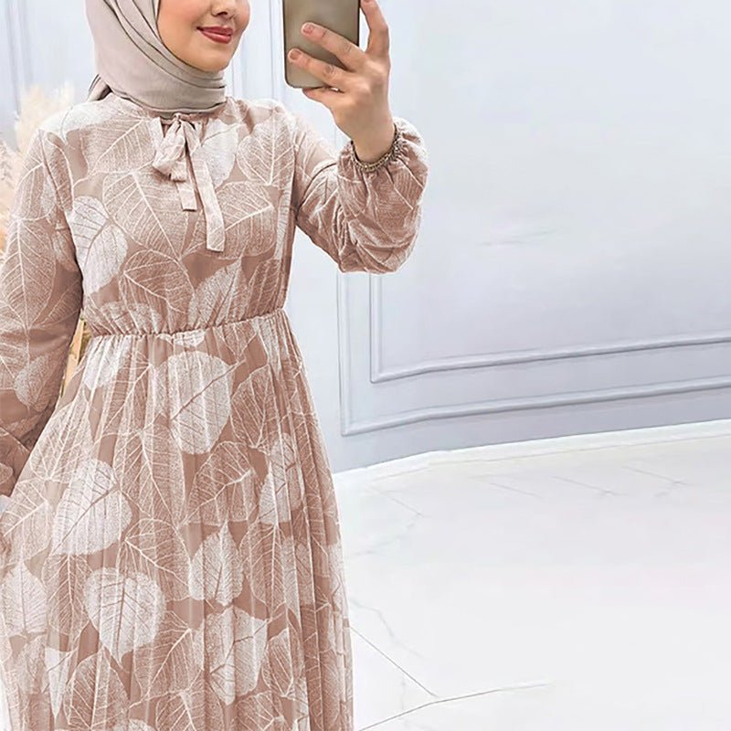 Leaf Print Chiffon Dress with Pleated Skirt (MA405)
