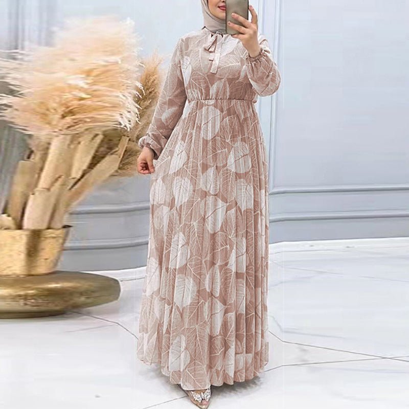 Leaf Print Chiffon Dress with Pleated Skirt (MA405)