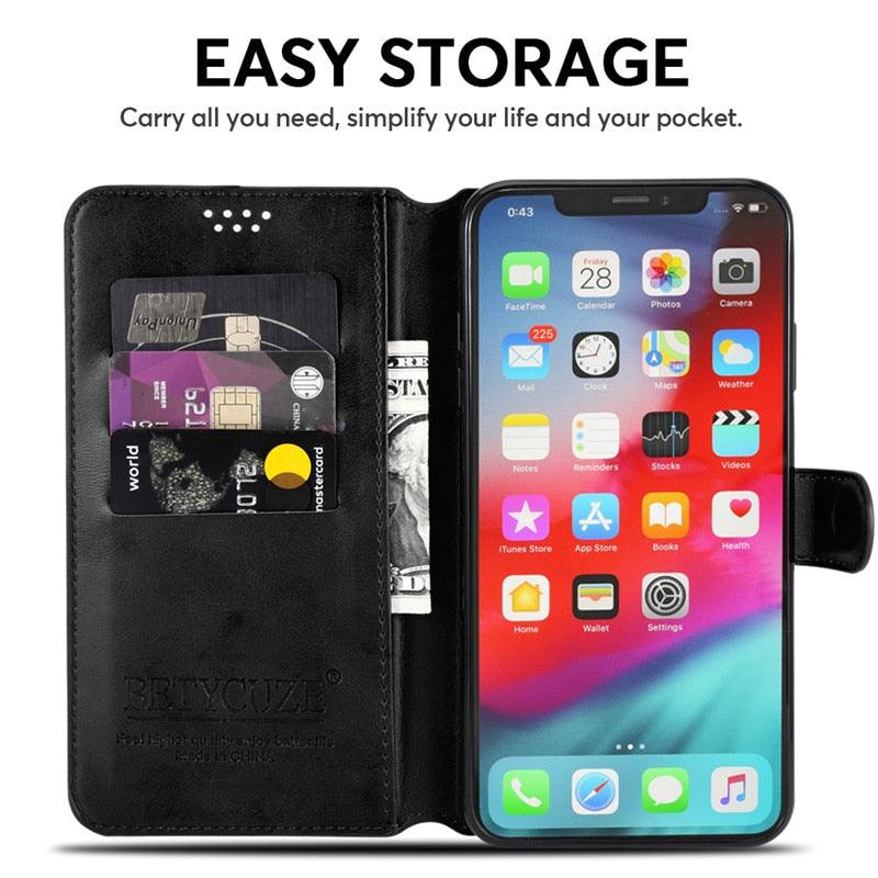 Leather Black Flip Case for iPhone XS Max X XR 12 Mini 11 Pro 7 8 Wallet Stand Cover Flip Wallet Leather Case with Secure Buckle Closing Lock and Bracket Function