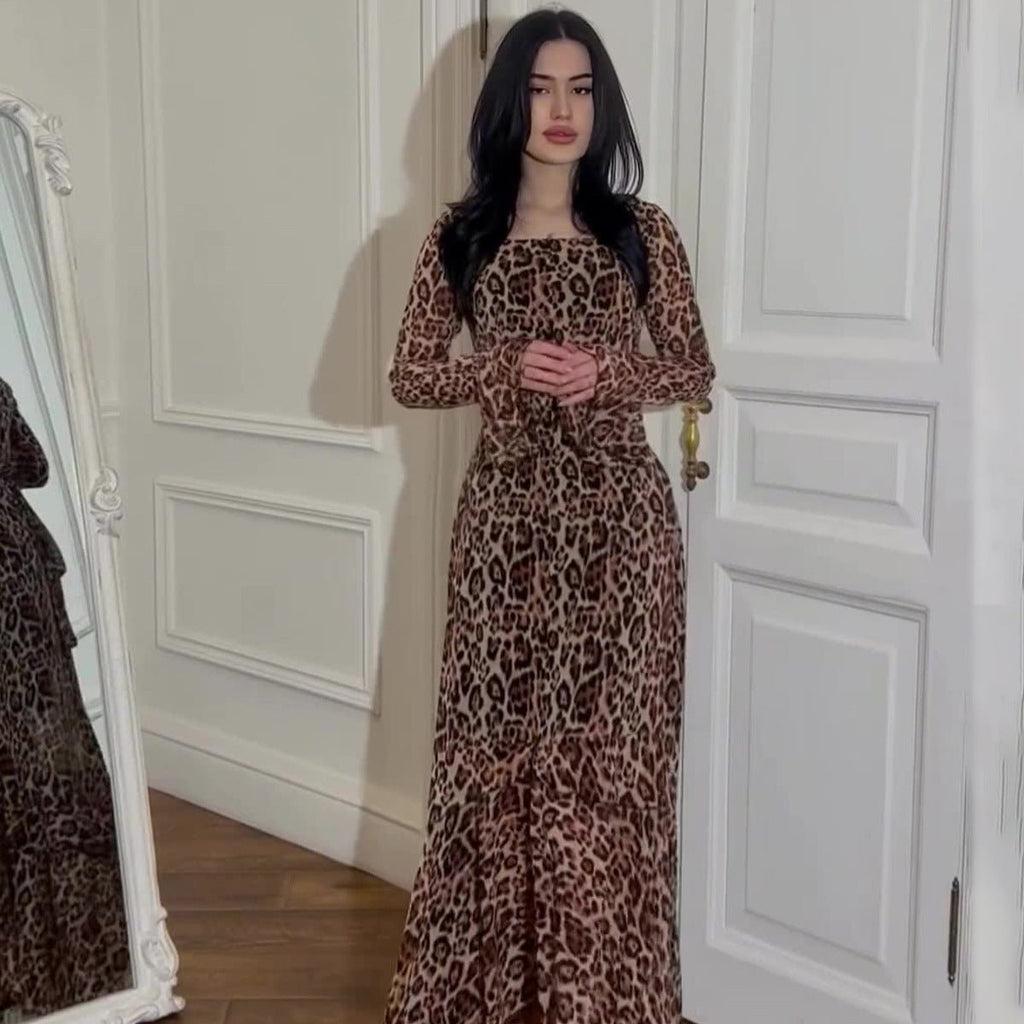Leopard Print Chiffon Dress with Ruffle Sleeves(MS336)