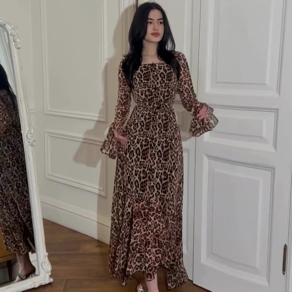 Leopard Print Chiffon Dress with Ruffle Sleeves(MS336)