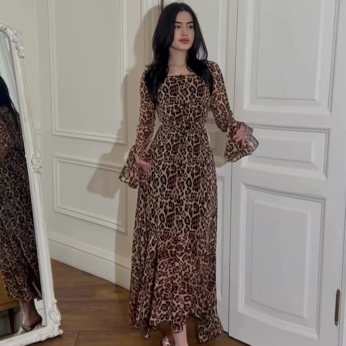 Leopard Print Chiffon Dress with Ruffle Sleeves(MS336)