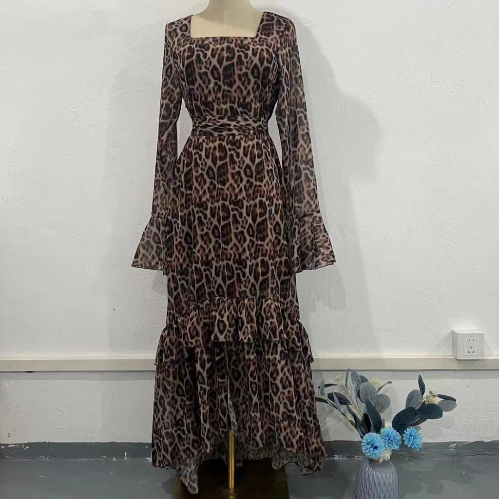 Leopard Print Chiffon Dress with Ruffle Sleeves(MS336)