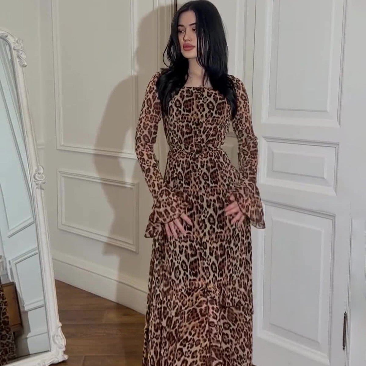 Leopard Print Chiffon Dress with Ruffle Sleeves(MS336)