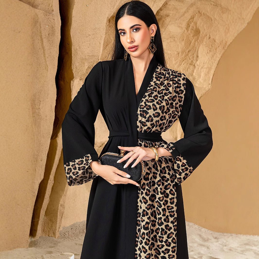 Leopard Print Colorblock Abaya | Deep V-Neck Belted Maxi Dress(MS213)