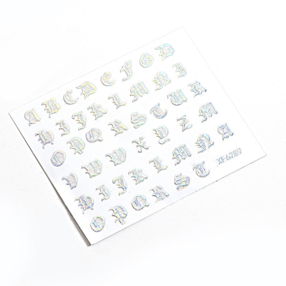 Letter 3D Decals Nail Art Stickers English Old Font Black Number Tattoo Nails Design Water Sliders Manicure Decoration 3D Nail Supplies Holographic Old English Character Nail Self-Adhesive Sticker English Font Design Manicure Decorations Accessories