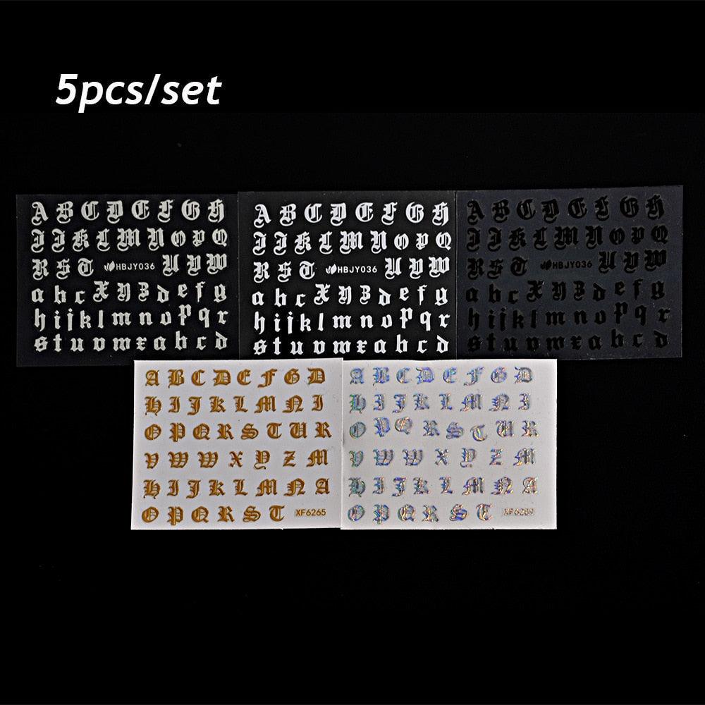 Letter 3D Decals Nail Art Stickers English Old Font Black Number Tattoo Nails Design Water Sliders Manicure Decoration 3D Nail Supplies Holographic Old English Character Nail Self-Adhesive Sticker English Font Design Manicure Decorations Accessories