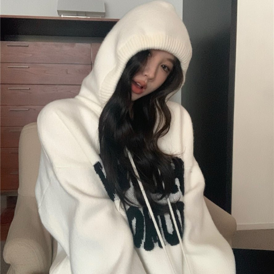 Letter Print Knit Pullover Hooded Sweater Top(MS170)
