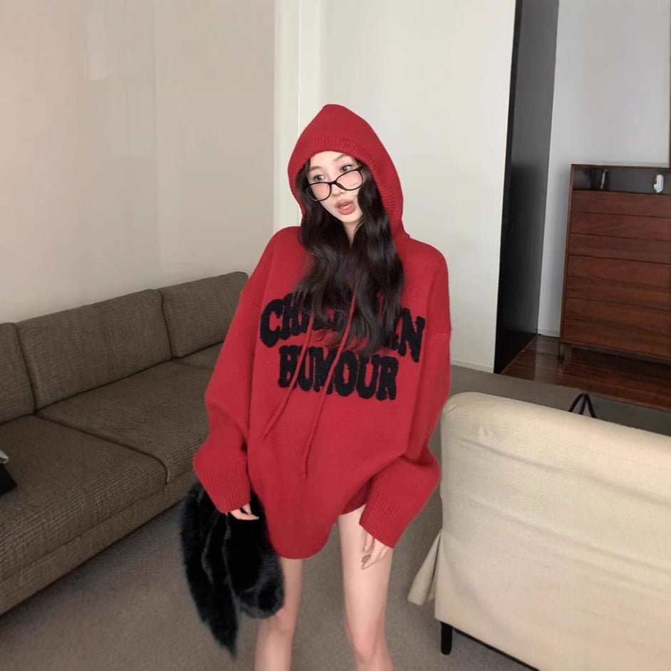 Letter Print Knit Pullover Hooded Sweater Top(MS170)