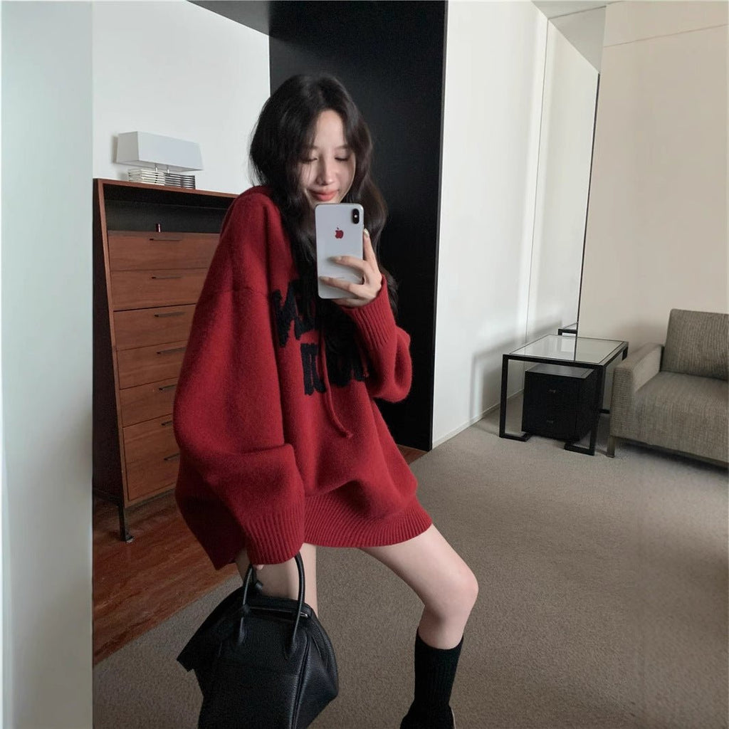 Letter Print Knit Pullover Hooded Sweater Top(MS170)