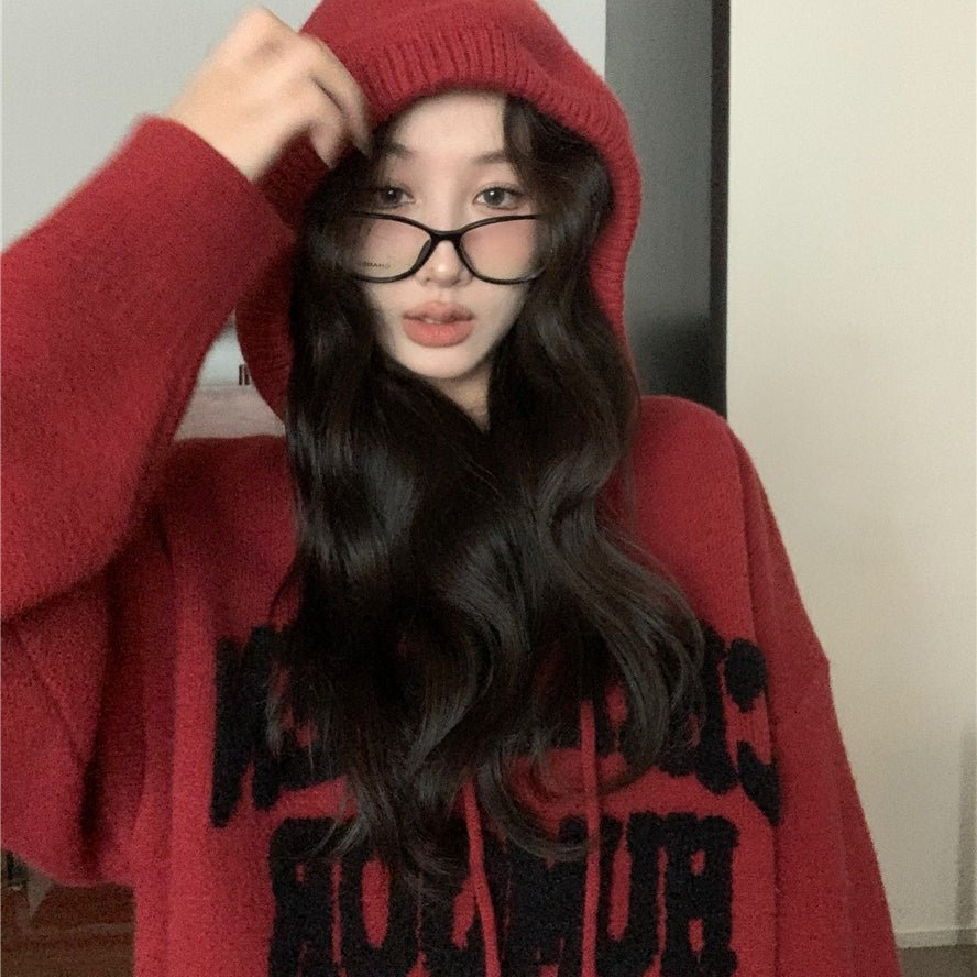 Letter Print Knit Pullover Hooded Sweater Top(MS170)
