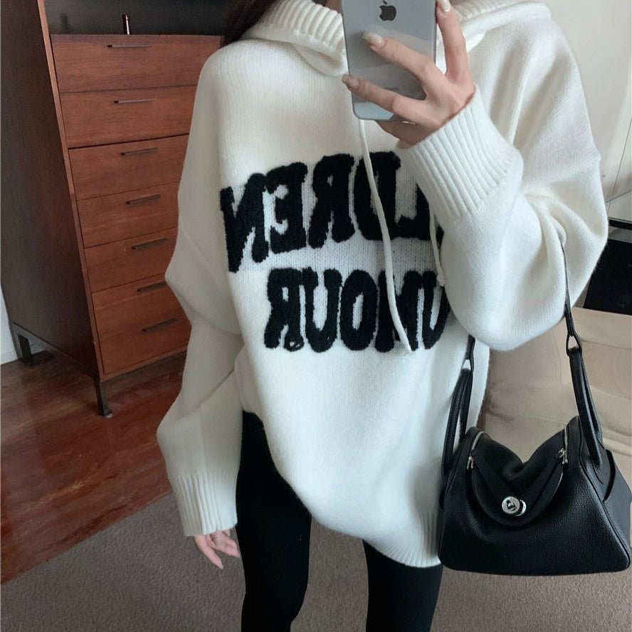 Letter Print Knit Pullover Hooded Sweater Top(MS170)