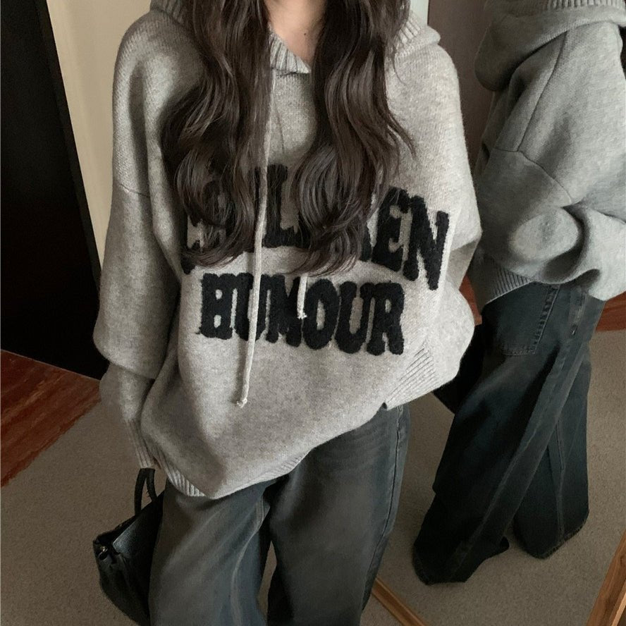 Letter Print Knit Pullover Hooded Sweater Top(MS170)