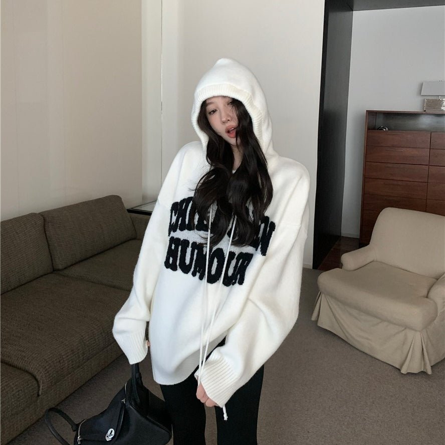 Letter Print Knit Pullover Hooded Sweater Top(MS170)