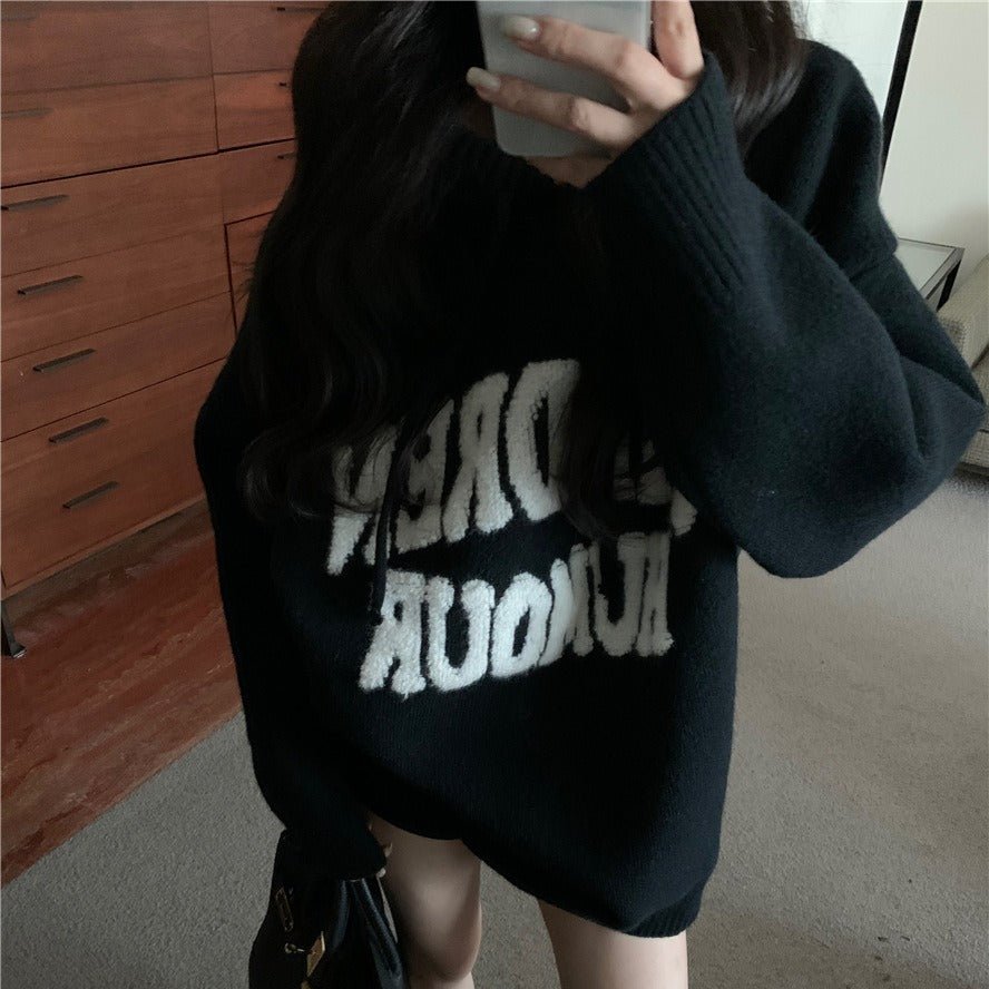 Letter Print Knit Pullover Hooded Sweater Top(MS170)