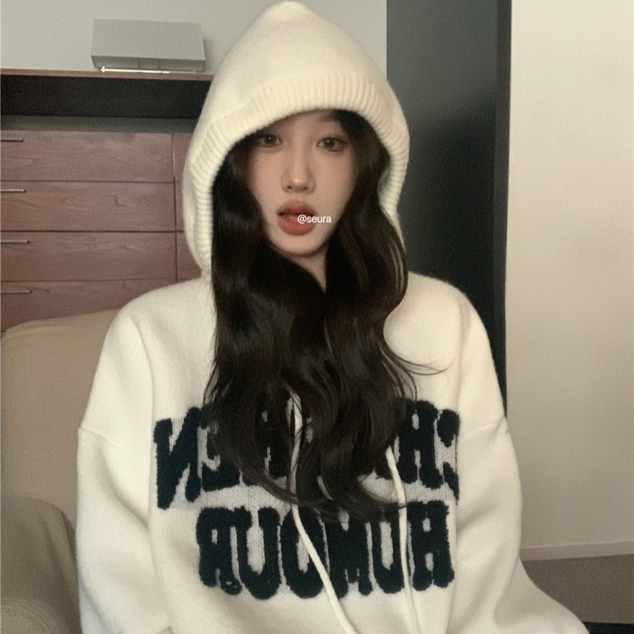 Letter Print Knit Pullover Hooded Sweater Top(MS170)