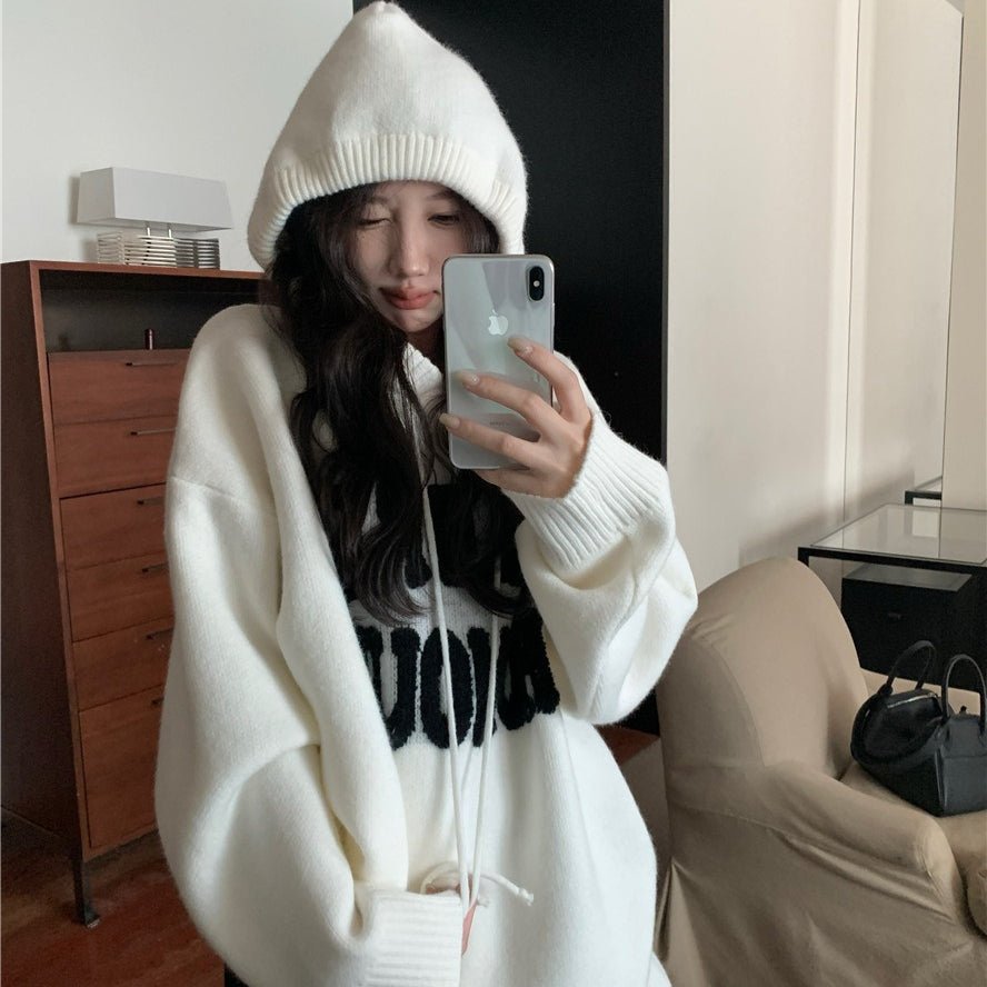 Letter Print Knit Pullover Hooded Sweater Top(MS170)