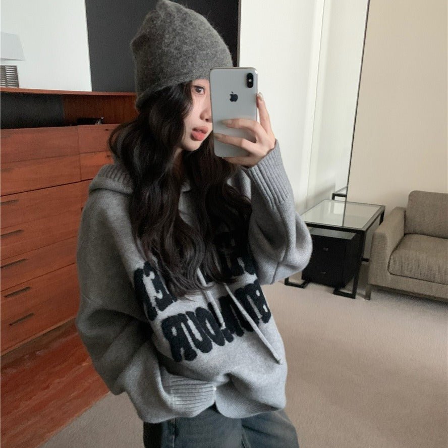 Letter Print Knit Pullover Hooded Sweater Top(MS170)
