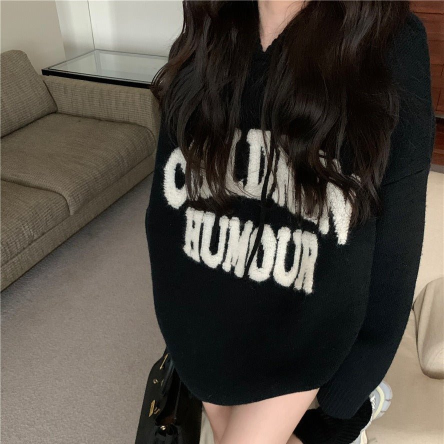 Letter Print Knit Pullover Hooded Sweater Top(MS170)