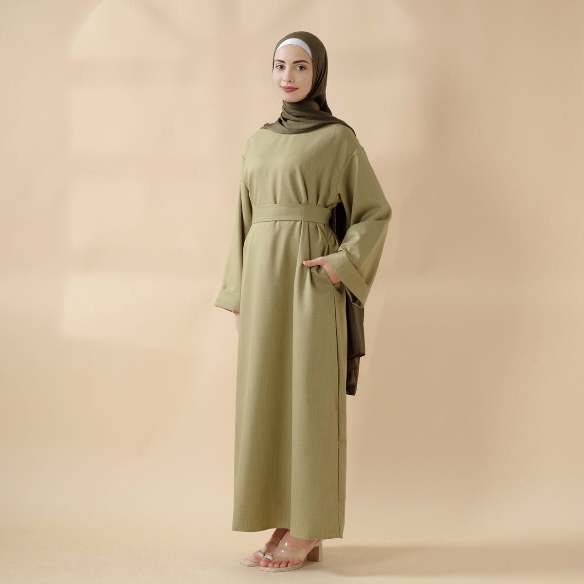 Linen Plain Abaya with Pockets 2-Piece Set (MA043)