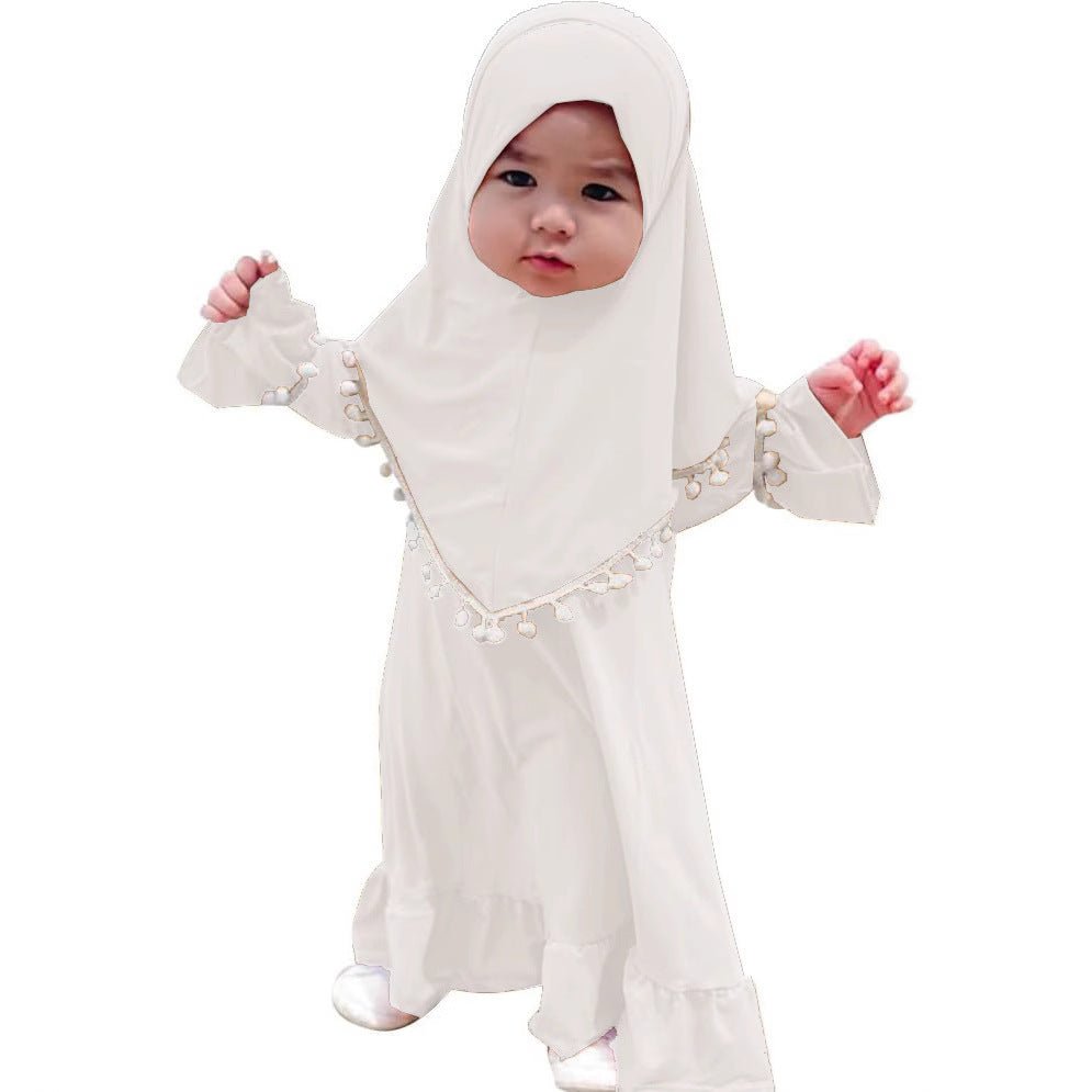 Little Muslimah Girls Dress & Hijab Set with Pom-Pom Trim (MKG028)