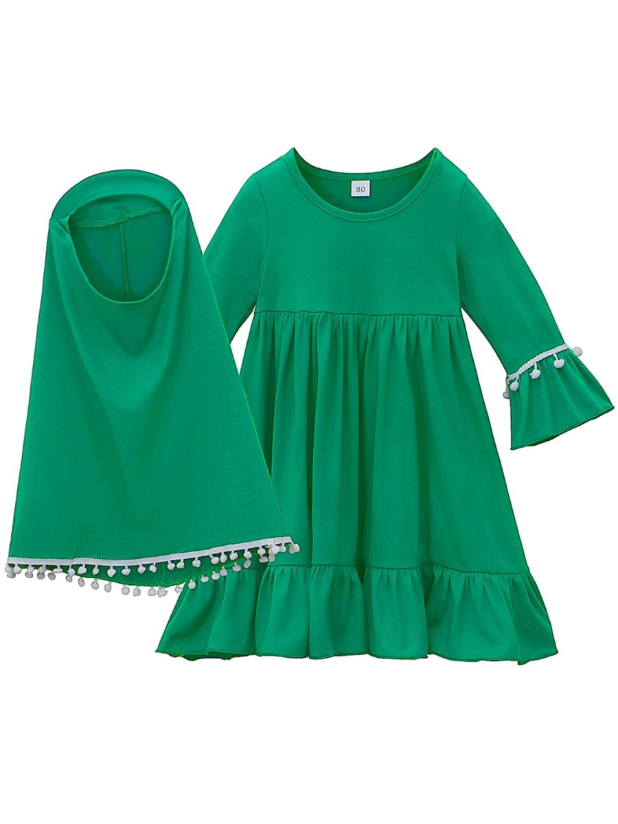 Little Muslimah Girls Dress & Hijab Set with Pom-Pom Trim (MKG028)