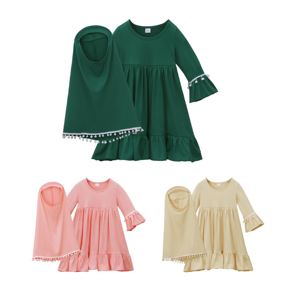 Little Muslimah Girls Dress & Hijab Set with Pom-Pom Trim (MKG028)