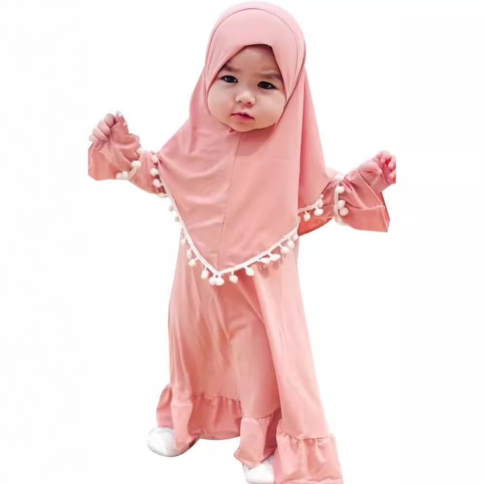 Little Muslimah Girls Dress & Hijab Set with Pom-Pom Trim (MKG028)