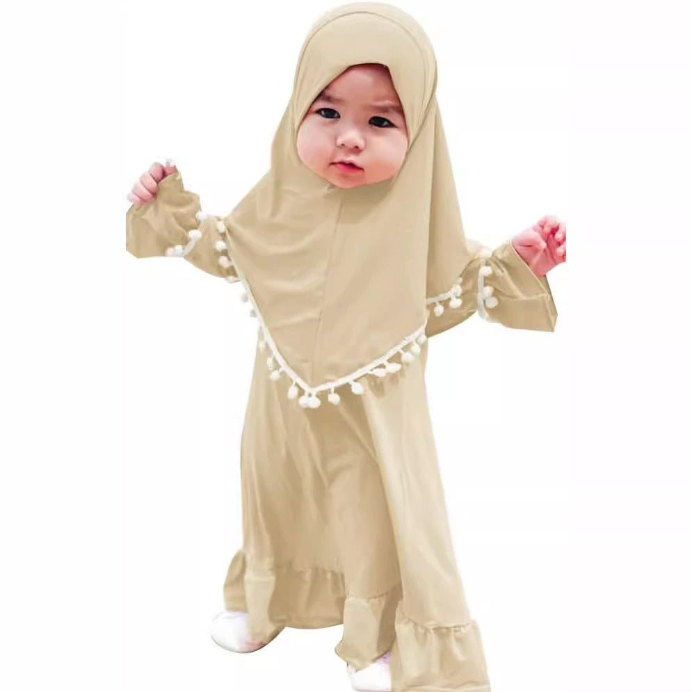 Little Muslimah Girls Dress & Hijab Set with Pom-Pom Trim (MKG028)