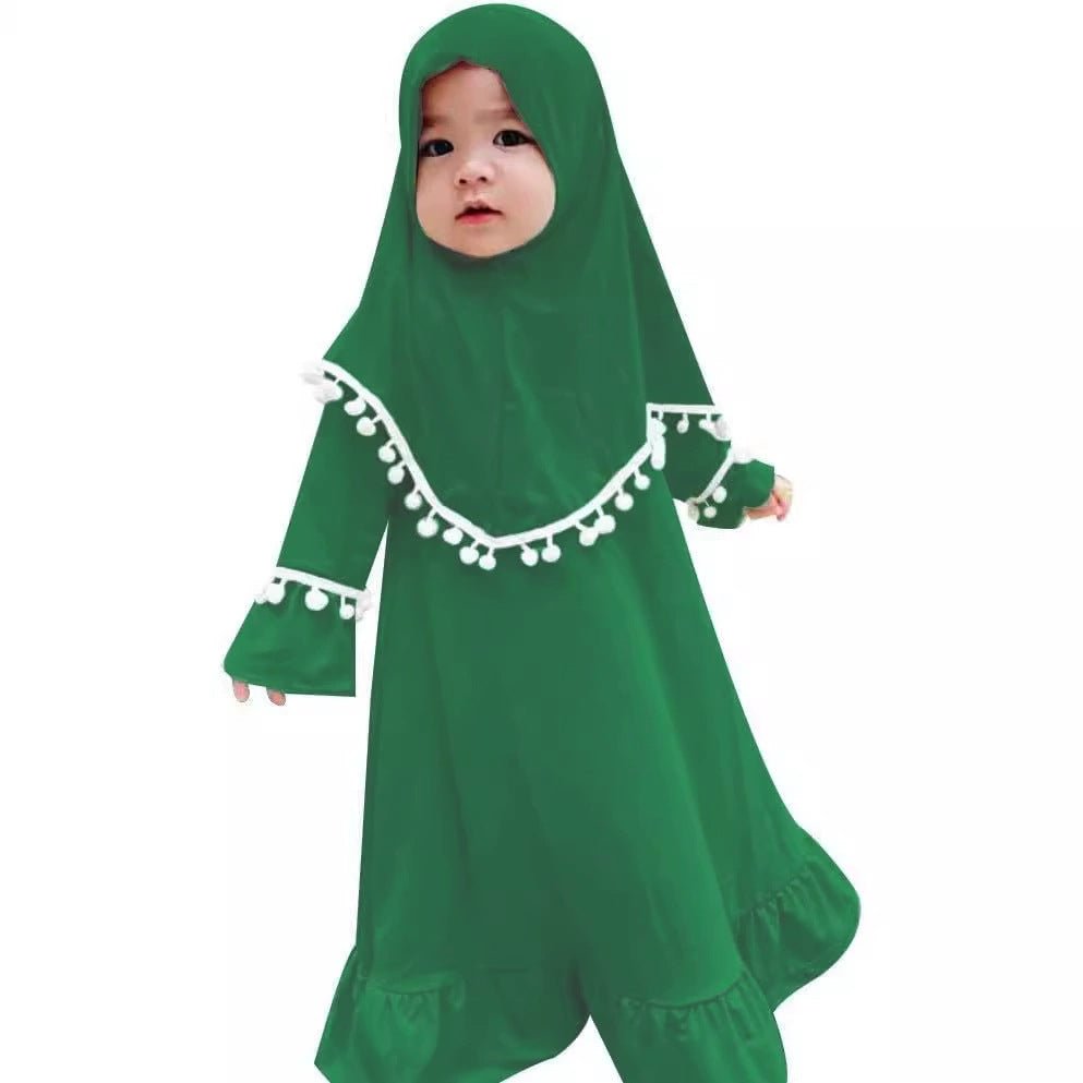 Little Muslimah Girls Dress & Hijab Set with Pom-Pom Trim (MKG028)