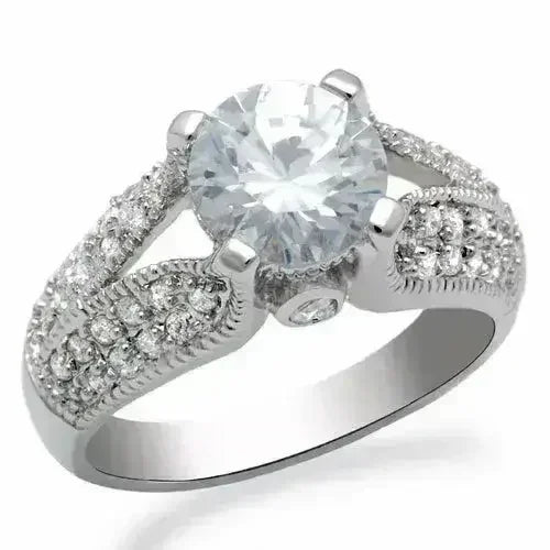 LO2077 - Rhodium Brass Ring with AAA Grade CZ  in Clear
