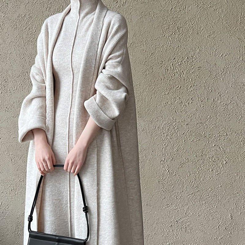 Long Knit Cardigan With Turtleneck Inner Dress For Autumn & Winter (MS177)