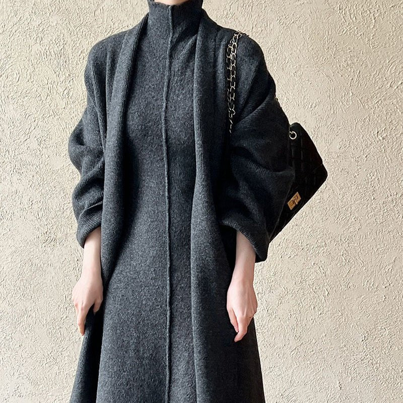 Long Knit Cardigan With Turtleneck Inner Dress For Autumn & Winter (MS177)