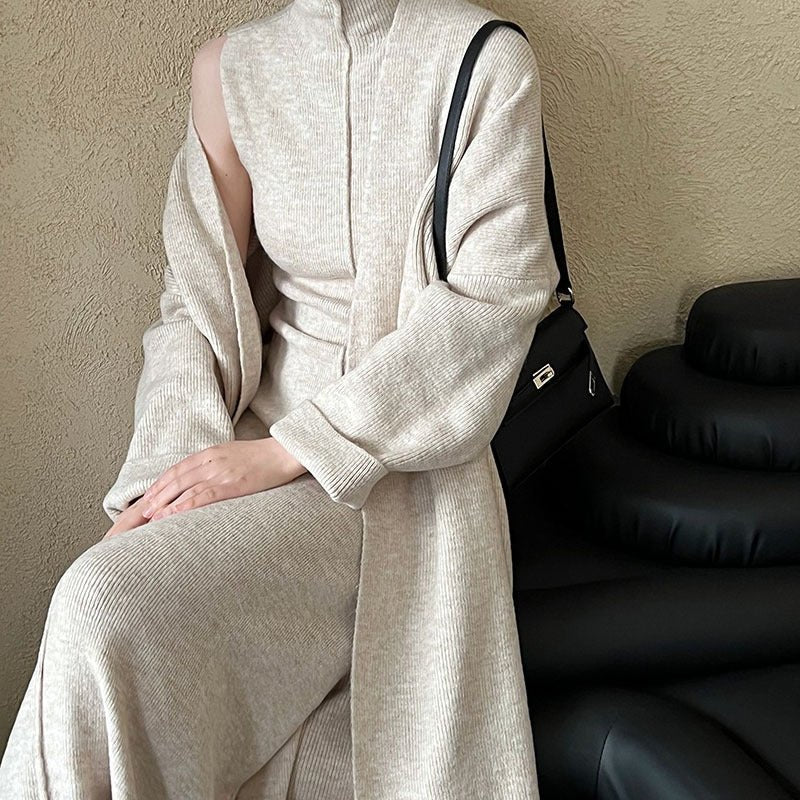 Long Knit Cardigan With Turtleneck Inner Dress For Autumn & Winter (MS177)