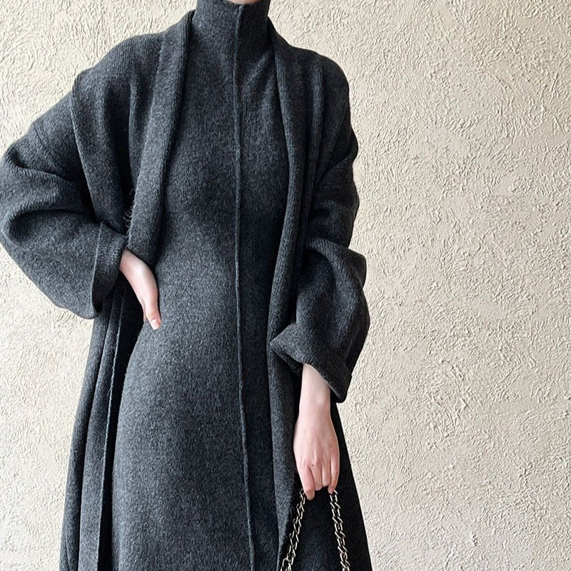 Long Knit Cardigan With Turtleneck Inner Dress For Autumn & Winter (MS177)