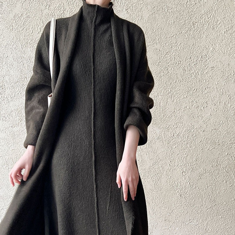 Long Knit Cardigan With Turtleneck Inner Dress For Autumn & Winter (MS177)