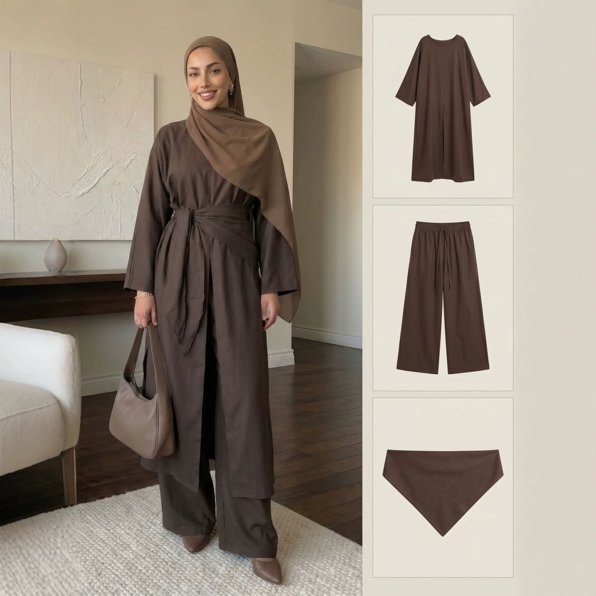 Long-Line Top, Wide-Leg Trousers & Triangle Scarf Three-Piece Co-ord Set(MS484)
