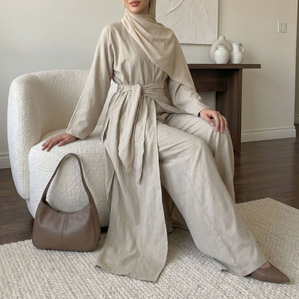 Long-Line Top, Wide-Leg Trousers & Triangle Scarf Three-Piece Co-ord Set(MS484)