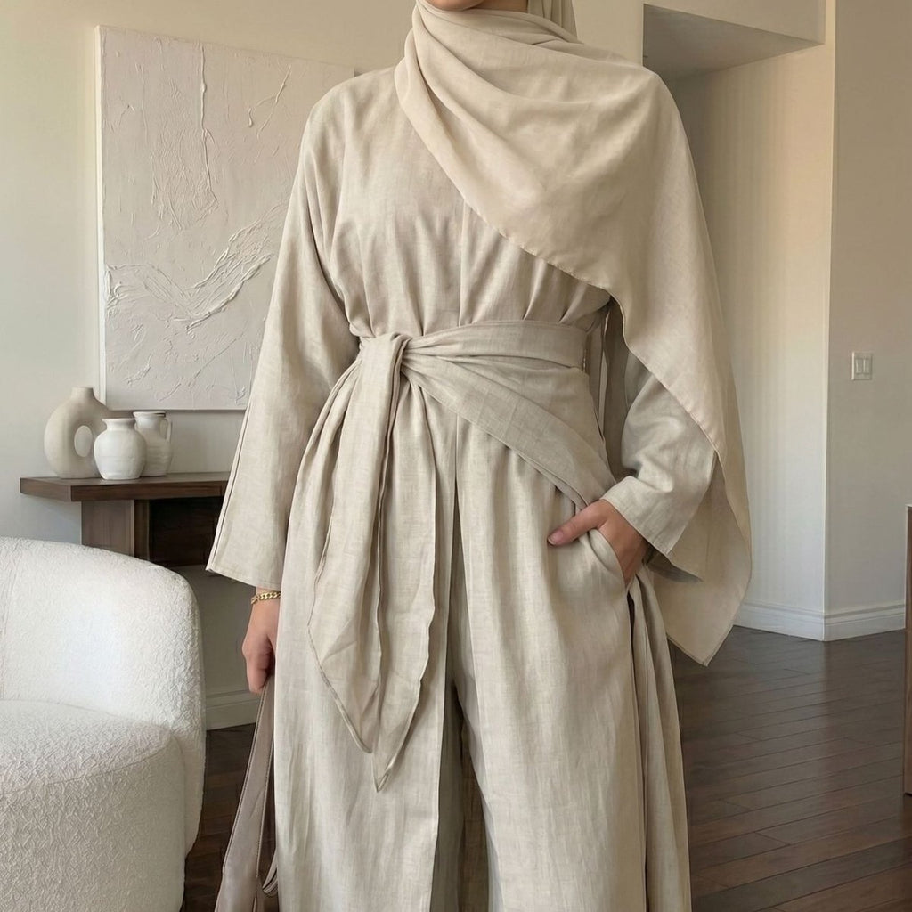 Long-Line Top, Wide-Leg Trousers & Triangle Scarf Three-Piece Co-ord Set(MS484)