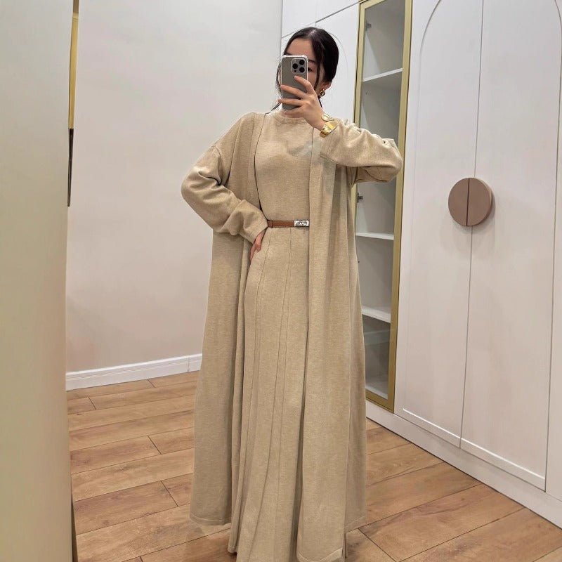 Long Open Cardigan & Pleated Dress Set(MS195)