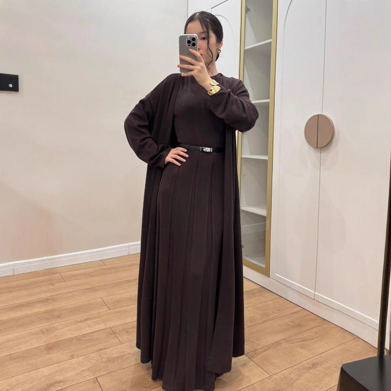 Long Open Cardigan & Pleated Dress Set(MS195)