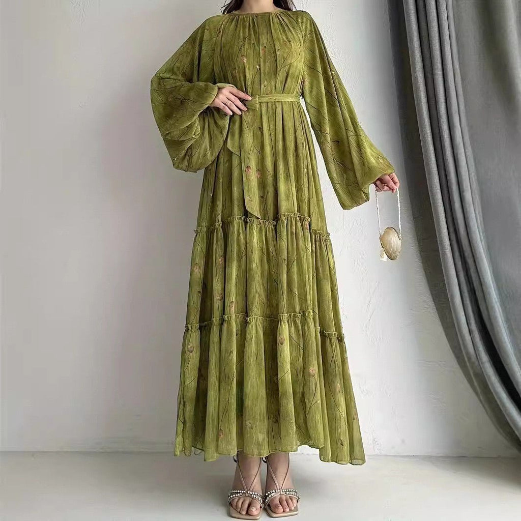 Long Sleeve Belted Chiffon Dress | Elegant Boho Peasant Gown(MA380)