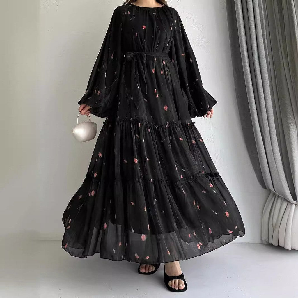 Long Sleeve Belted Chiffon Dress | Elegant Boho Peasant Gown(MA380)
