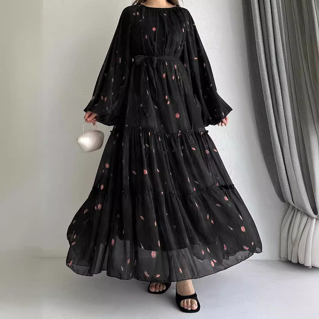 Long Sleeve Belted Chiffon Dress | Elegant Boho Peasant Gown(MA380)