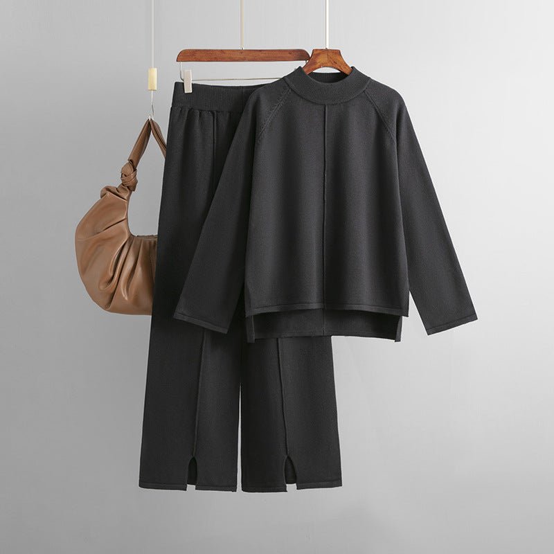 Loose Fit Solid Color Knit Two-Piece Set | Pullover Sweater & Wide Leg Pants with Side Slits(MS143)