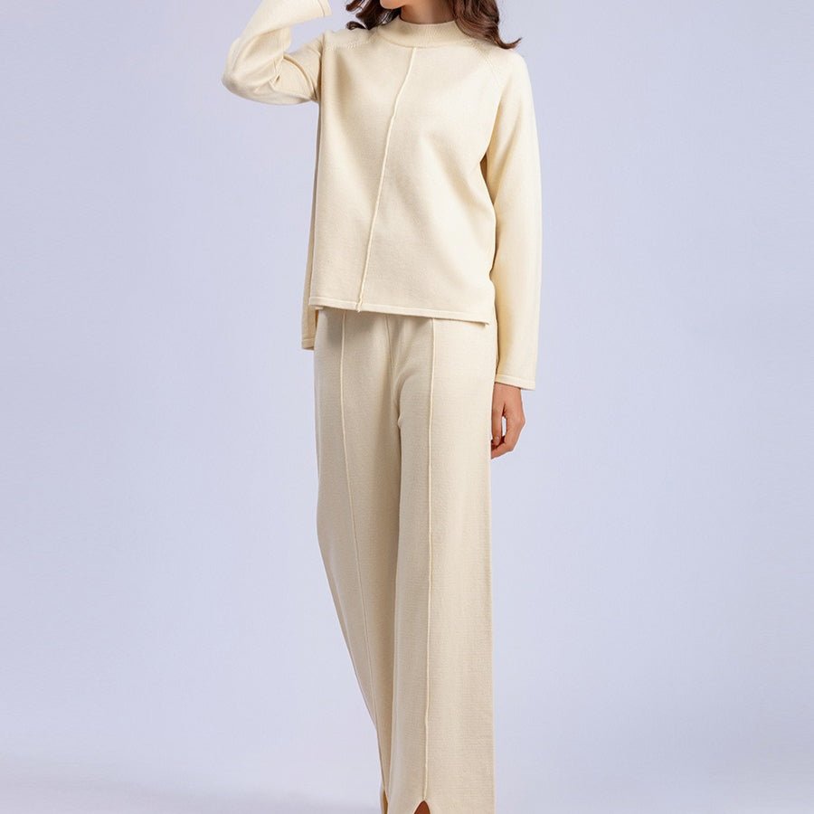 Loose Fit Solid Color Knit Two-Piece Set | Pullover Sweater & Wide Leg Pants with Side Slits(MS143)