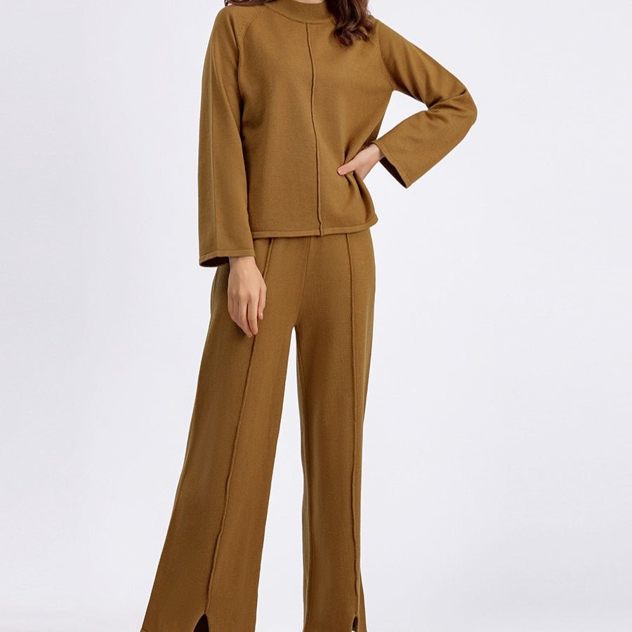 Loose Fit Solid Color Knit Two-Piece Set | Pullover Sweater & Wide Leg Pants with Side Slits(MS143)