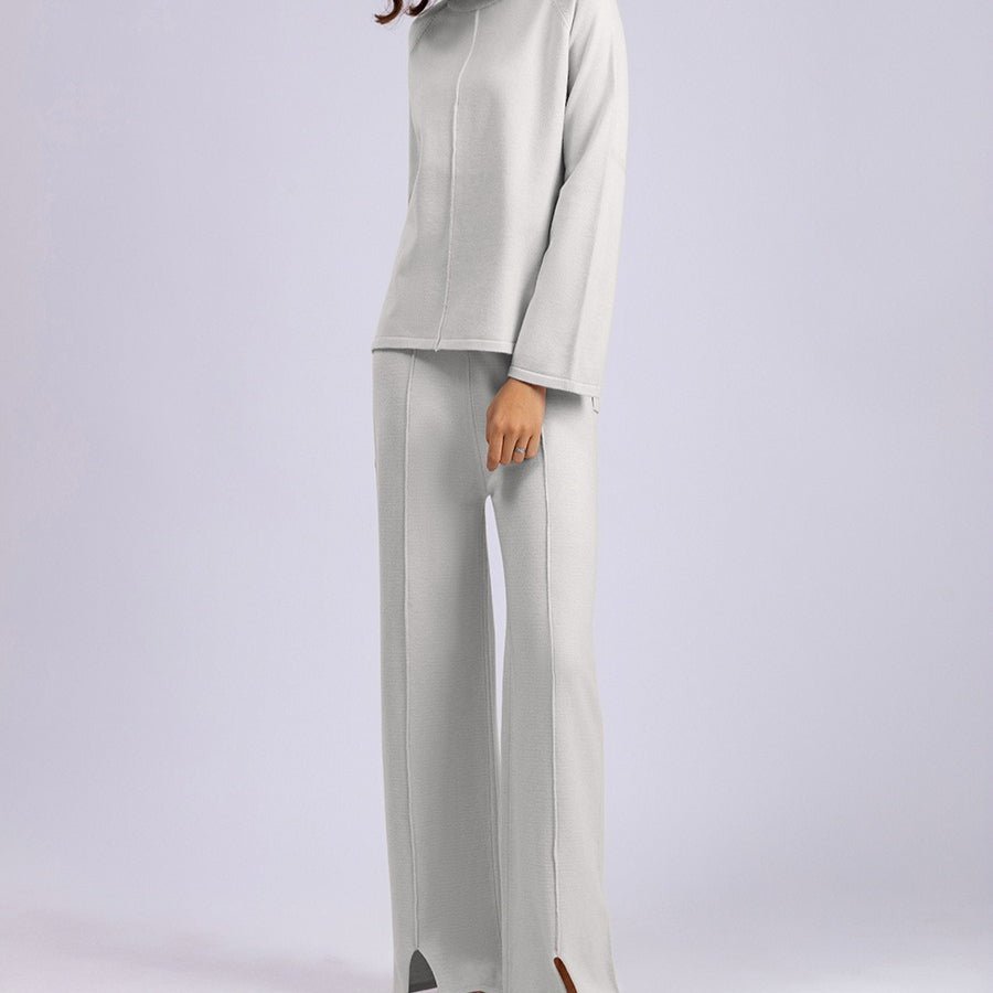 Loose Fit Solid Color Knit Two-Piece Set | Pullover Sweater & Wide Leg Pants with Side Slits(MS143)