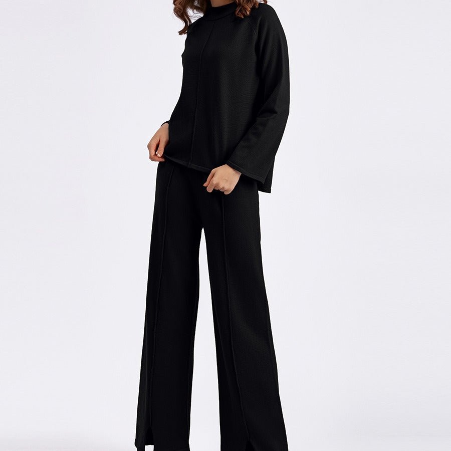 Loose Fit Solid Color Knit Two-Piece Set | Pullover Sweater & Wide Leg Pants with Side Slits(MS143)